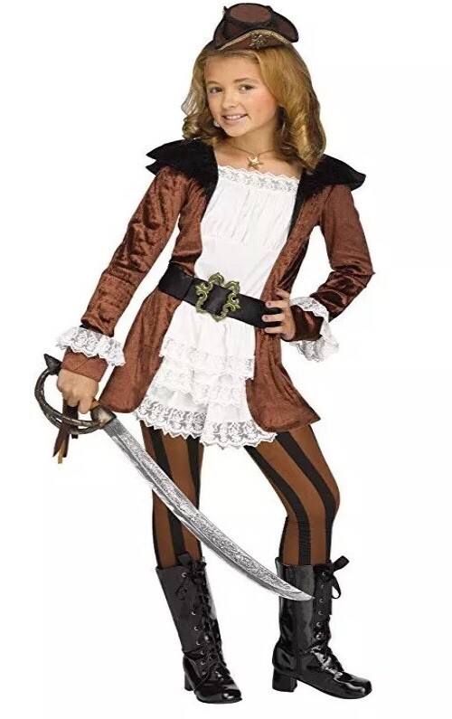 Girls Pirate Costume Set For Ages 10-12 - Dress, Bandana, Boot Covers & Brooch Included