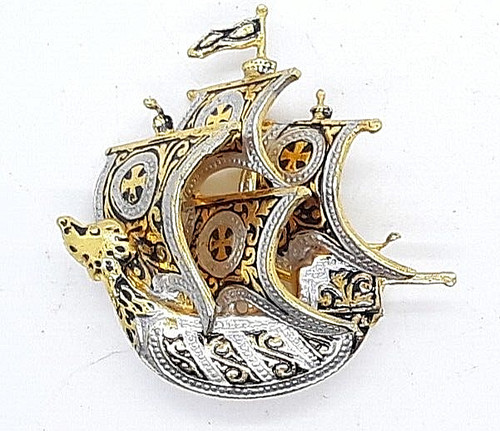 Spanish Damascene Galleon Ship Brooch Spain