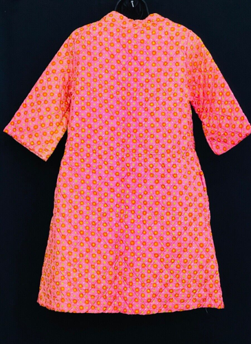 Vintage 1960s colorful pink housecoat robe, floral mod warm lounge quilted NOS - Picture 7 of 9