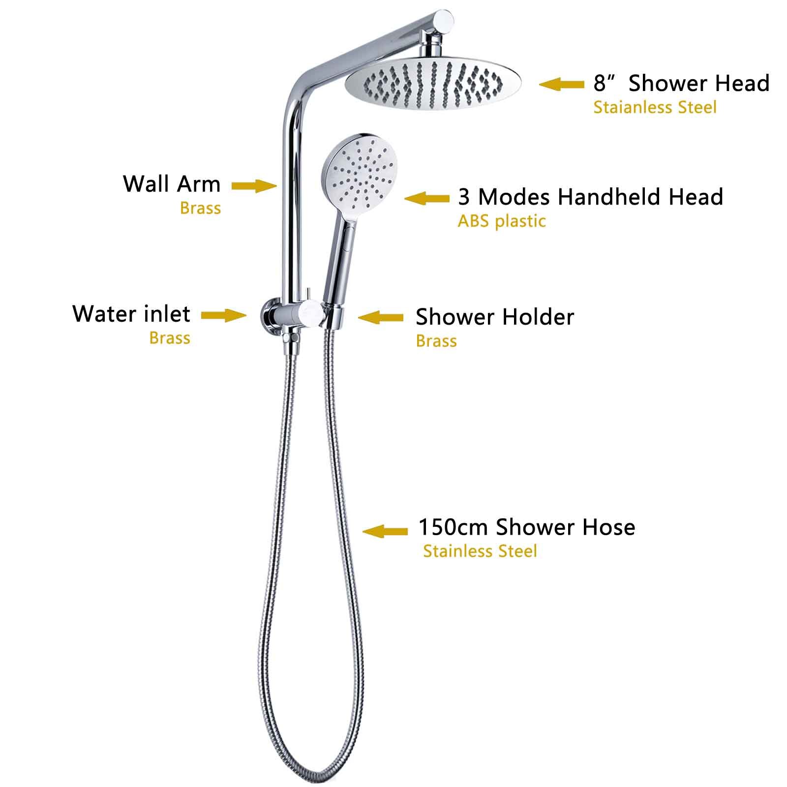 Round Chrome Rain Shower Head Sliding Rail Swivel Wall Arm Handheld