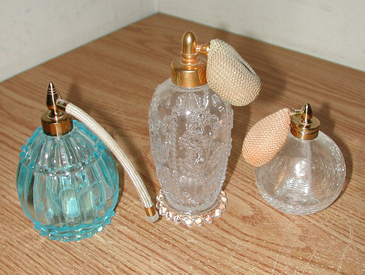 VINTAGE PERFUME SPRAY ATOMIZER GLASS BOTTLES LOT OF 3, ONE IS IRVING RICE