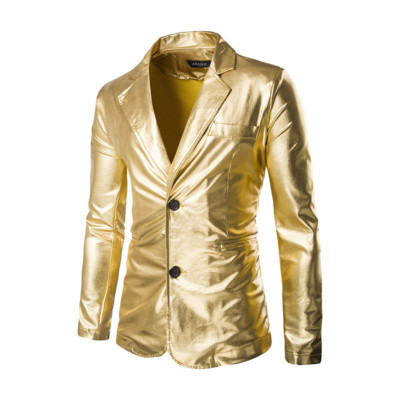 Mens Metallic Shiny Faux Leather Dress Suit Jacket Wedding Coat - Main Image
