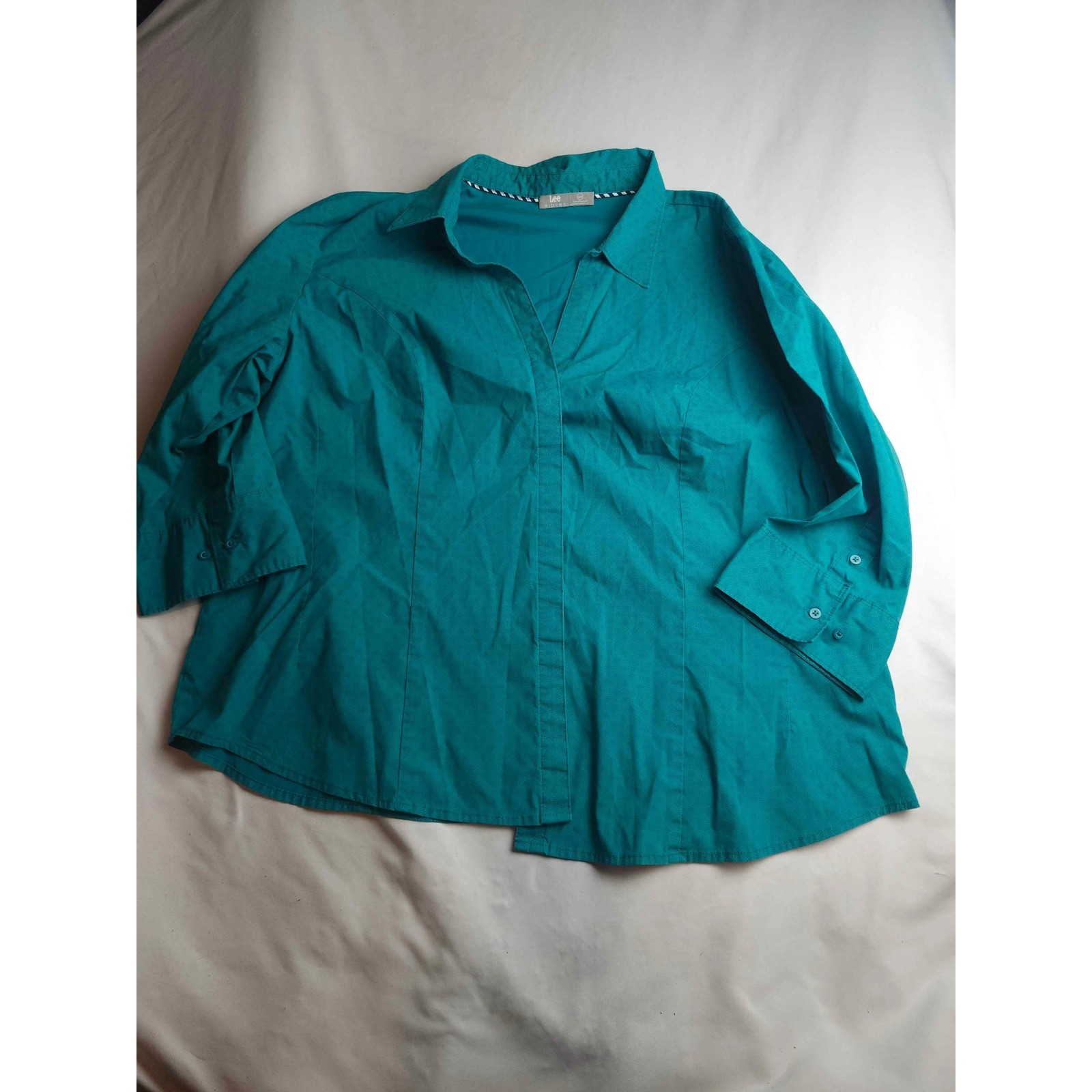 Lee Riders Womens 2X Teal Green Micro Dot Button Down 3/4 Sleeve Shirt Top