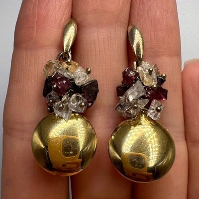 Vintage 925 Sterling Silver Gilt Quartz Dangle Earrings Signed Italy Statement