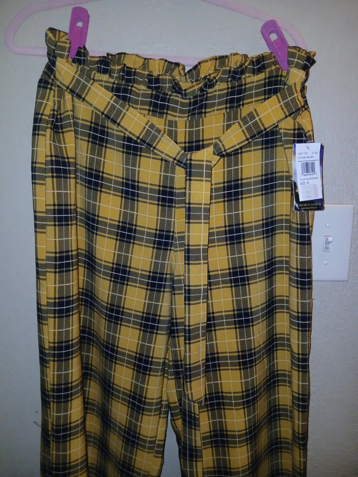 Pantalones Bebop Mujer Amarillo Negro A Cuadros Pull Up Con Cordón Pierna Ancha XL Foto 2 de 4
