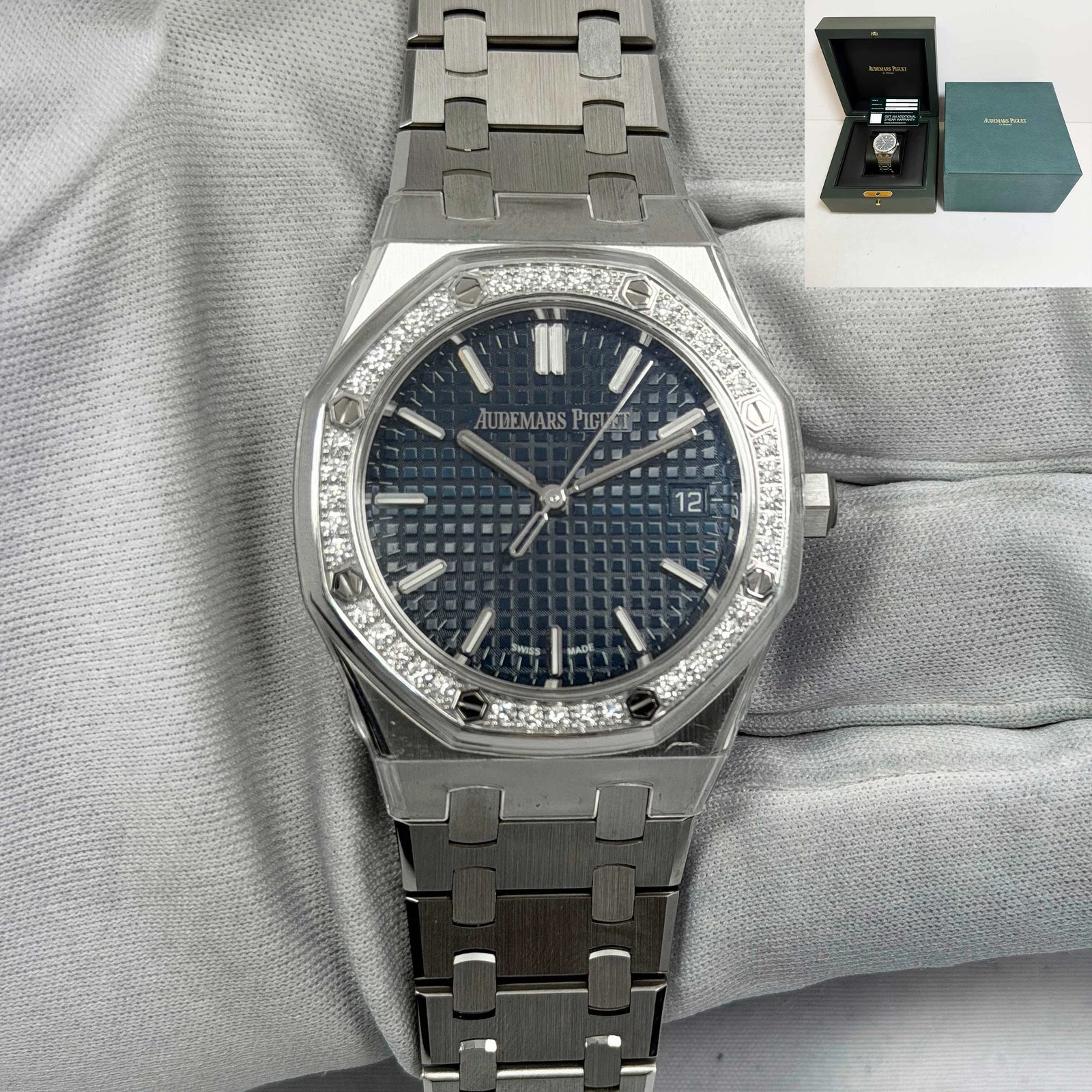 Audemars Piguet — New 2026 Audemars Piguet Royal Oak 77451ST 34MM Blue Factory Diamonds Box Papers