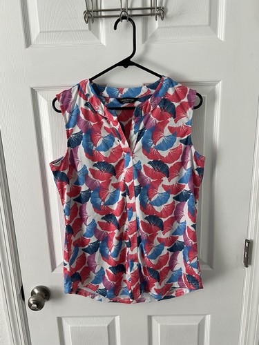 Tango Mango Sleeveless Blouse Geometric Leaf Print White Blue Pink Top Medium