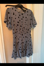 Axara Paris Size 12 Grey & Black Polka Dot Skater Dress Flutter Sleeve Zip