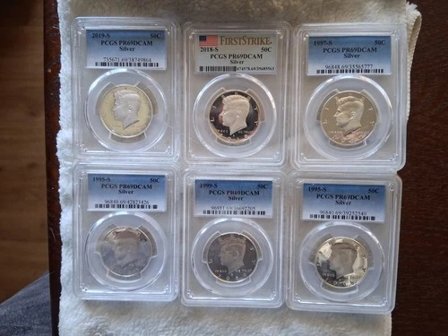 SIX (6) SILVER KENNEDY HALF LOT. PCGS PR69 DCAM 1995×2, 1997, 1999, 2018, 2019.