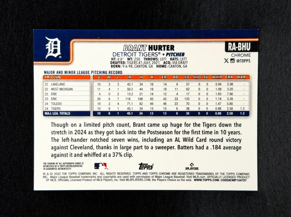 2025 Topps Chrome Brant Hurter Rookie Blue Refractor Auto /150 Rc #RA-BHU - Image 2 of 4