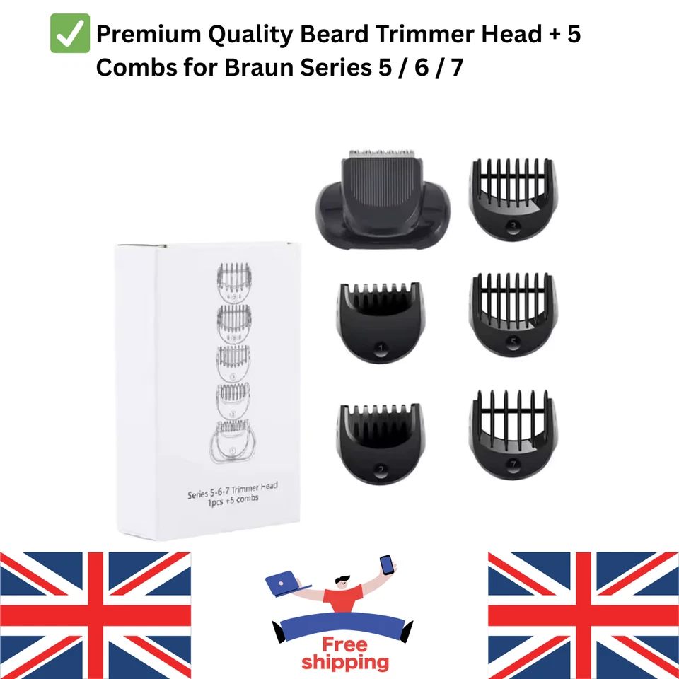 Beard Trimmer Head + 5 Combs for Braun Series 5 / 6 / 7 – Premium Quality