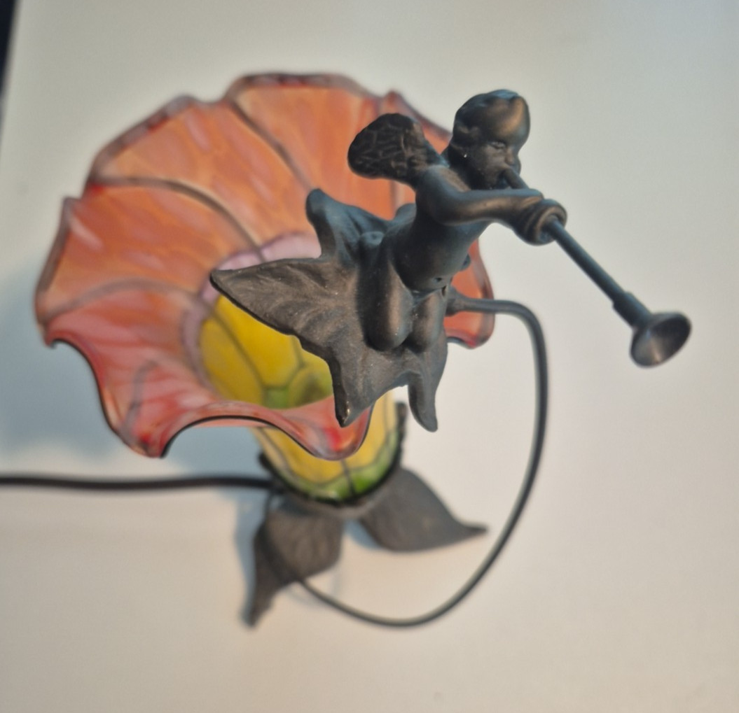 Flying Fairy Tulip Table Lamp Cherub Tiffany Style Glass Lily & Leaf