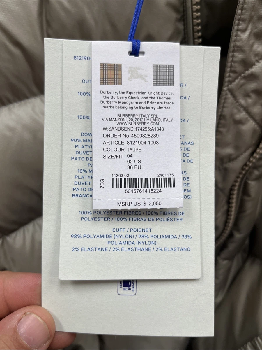 Burberry SANDSEND Plumón de Pato Largo Acolchado Color Topo Talla 4 UK 2 US