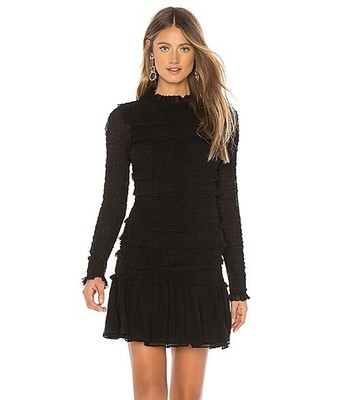 Ulla Johnson Gia Dress Black Noir Silk Size 6 Long Sleeve Tiered Ruffle Stretch