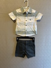 Calvin Klein Jeans Plaid Shirt  Shorts Set Boys 12M Cotton Gray White Summer