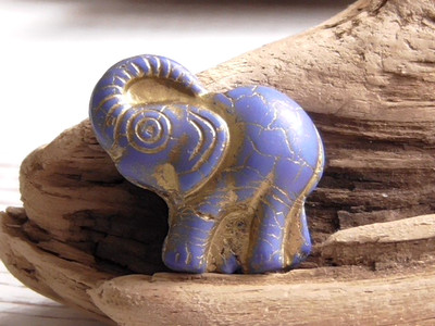 3 - 22x20mm CZECH OPAQUE INDIGO BLUE GOLD WASH AFRICAN ELEPHANT TOTEM BEADS