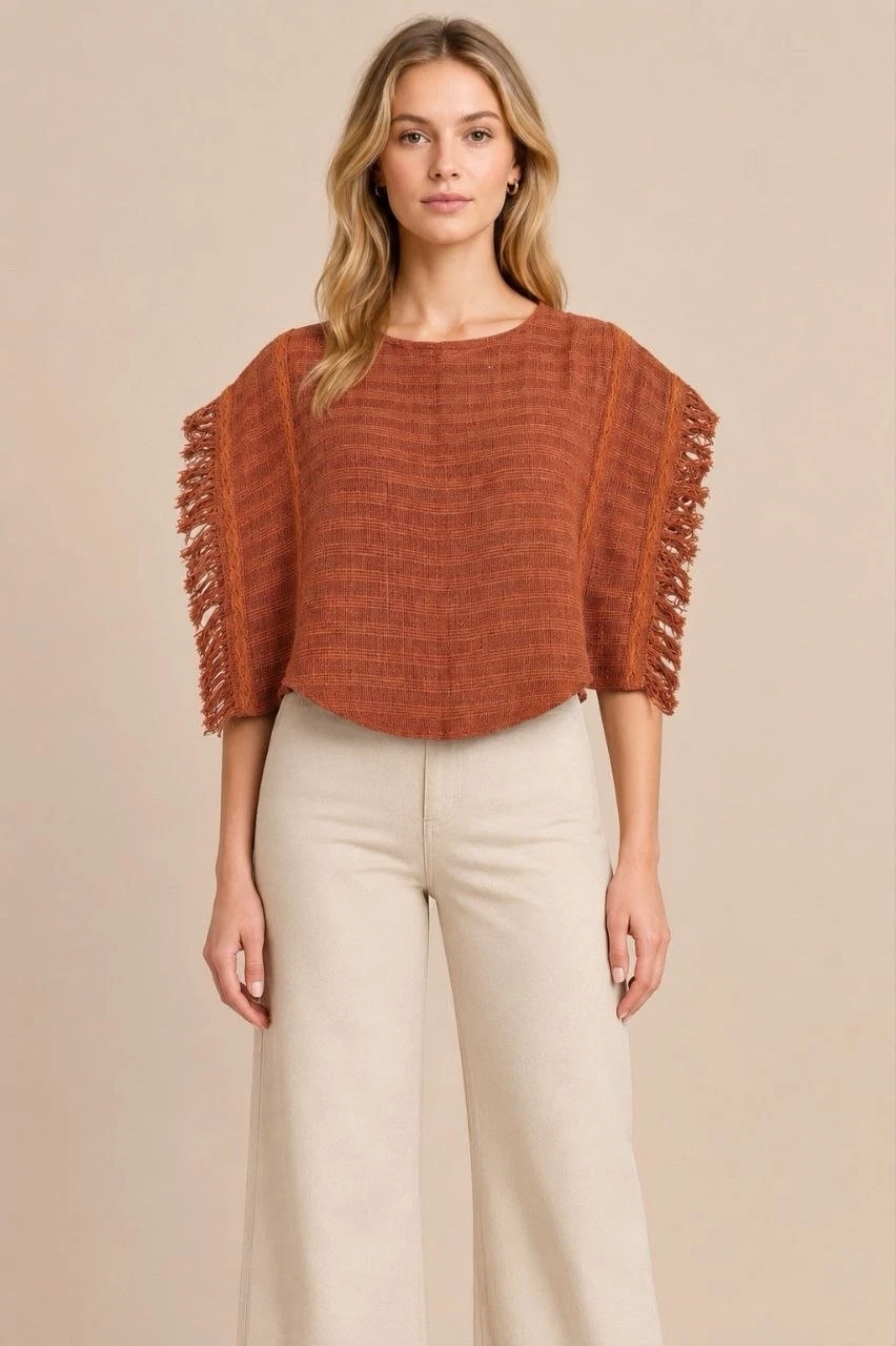 Women Rust Brown Artisan Woven Tunic Fringe Boho Poncho Top Handmade Blouse
