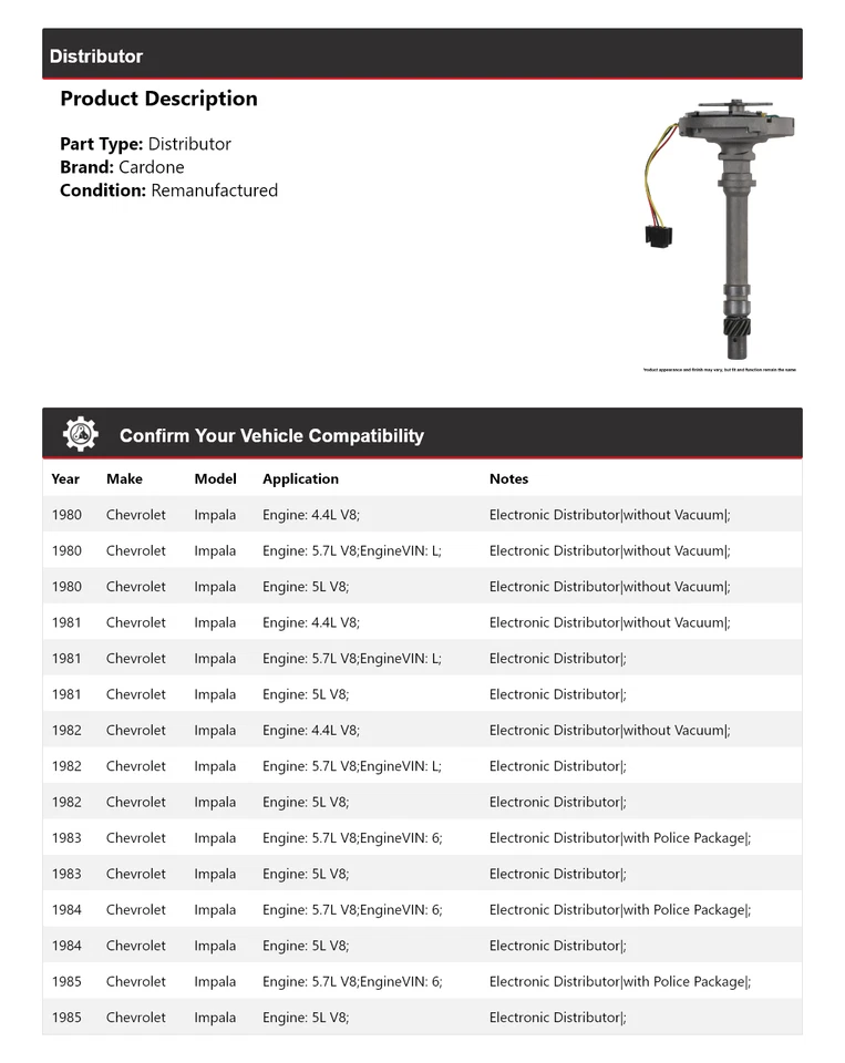 Para Chevrolet Impala 1980-1985 Distribuidor Cardone 1981 1982 1983 1984 Foto 2 de 4