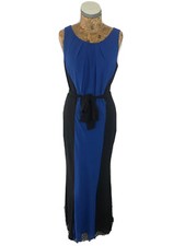 DEBENHAMS DRESS 14 BLUE BLACK Maxi Long Tied Belt Formal Party Summer Womens
