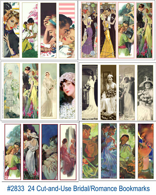 24 Bridal-Romance Bookmarks to Cut-&-Use, Archival CardStock, Party Favors #2833