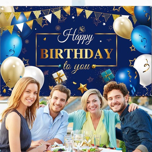 Happy Birthday Decorations Backdrop Banner for Men, Navy Blue and Gold Happy Bir - Picture 4 of 11