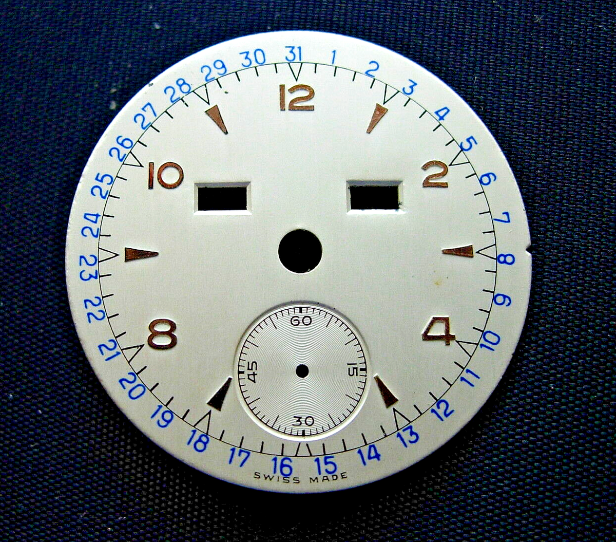 Cadran Montre Ancienne Vintage – Triple Quantième Jour Date Mois, Chiffres Arabes, 31,5mm (Occasion, France)