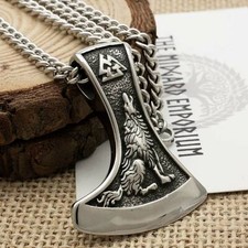 Viking Necklace Wolf Raven Axe Pendant Stainless Steel Mens Jewellery