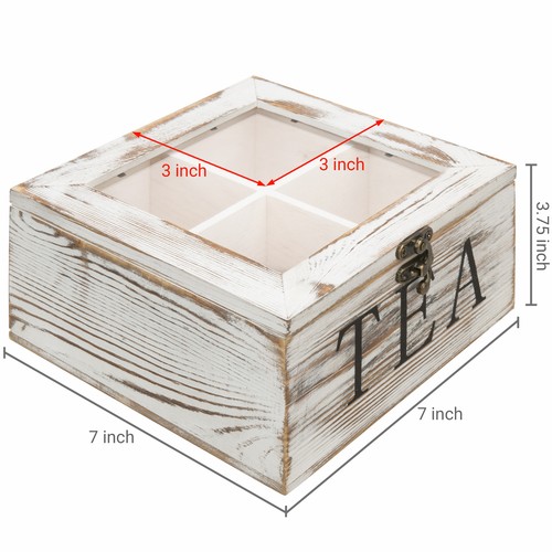 MyGift 4 Slot Rustic Whitewashed Wood Tea Bag Storage Chest with Clear Latch Lid - Picture 4 of 6