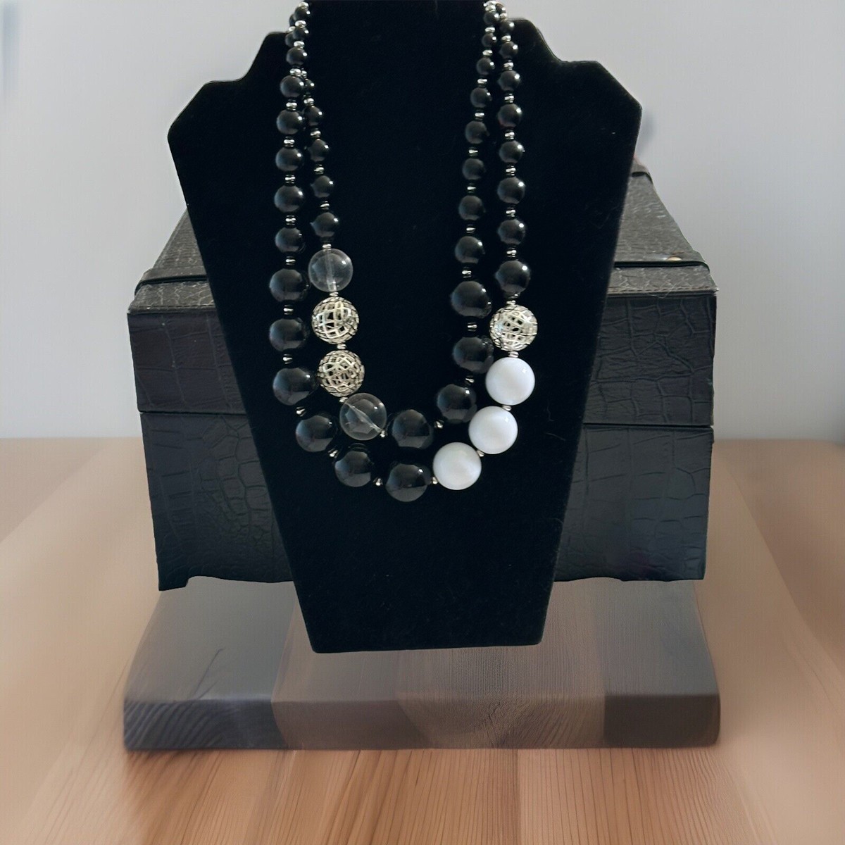 Vintage Double Stranded Black White Glass Baubles Statement