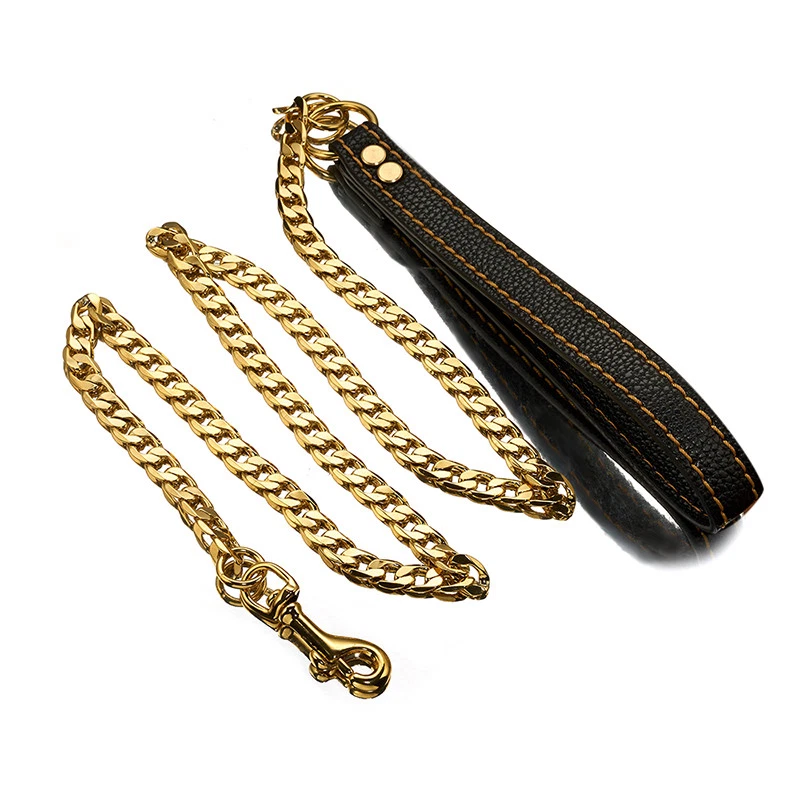 4ft Leather Pet Dog Leash Lead 18K Gold Copper Curb Chain For Walking Running - Image 4 of 4