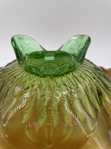 Northwood Carnival Glass Green/Orange Sunflower Footed Bowl - Picture 3 of 4