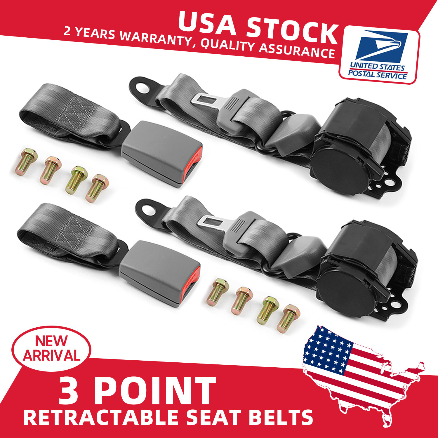 Retractable 3 Point Seat Belt Straps Gray Auto Vehicle Adjustable Belt Kit 2Set