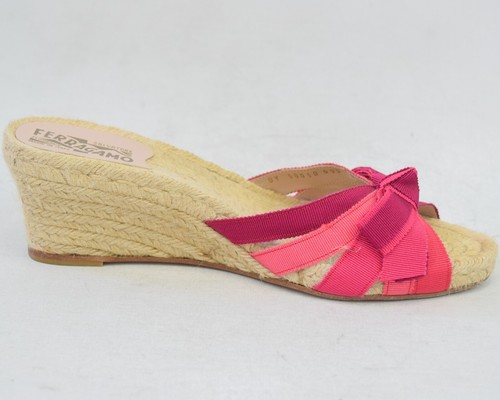 SALVATORE FERRAGAMO Grisson Cuero Yute Alpargata Cuñas 8 Sandalias Rosa Lazo - Imagen 7 de 14