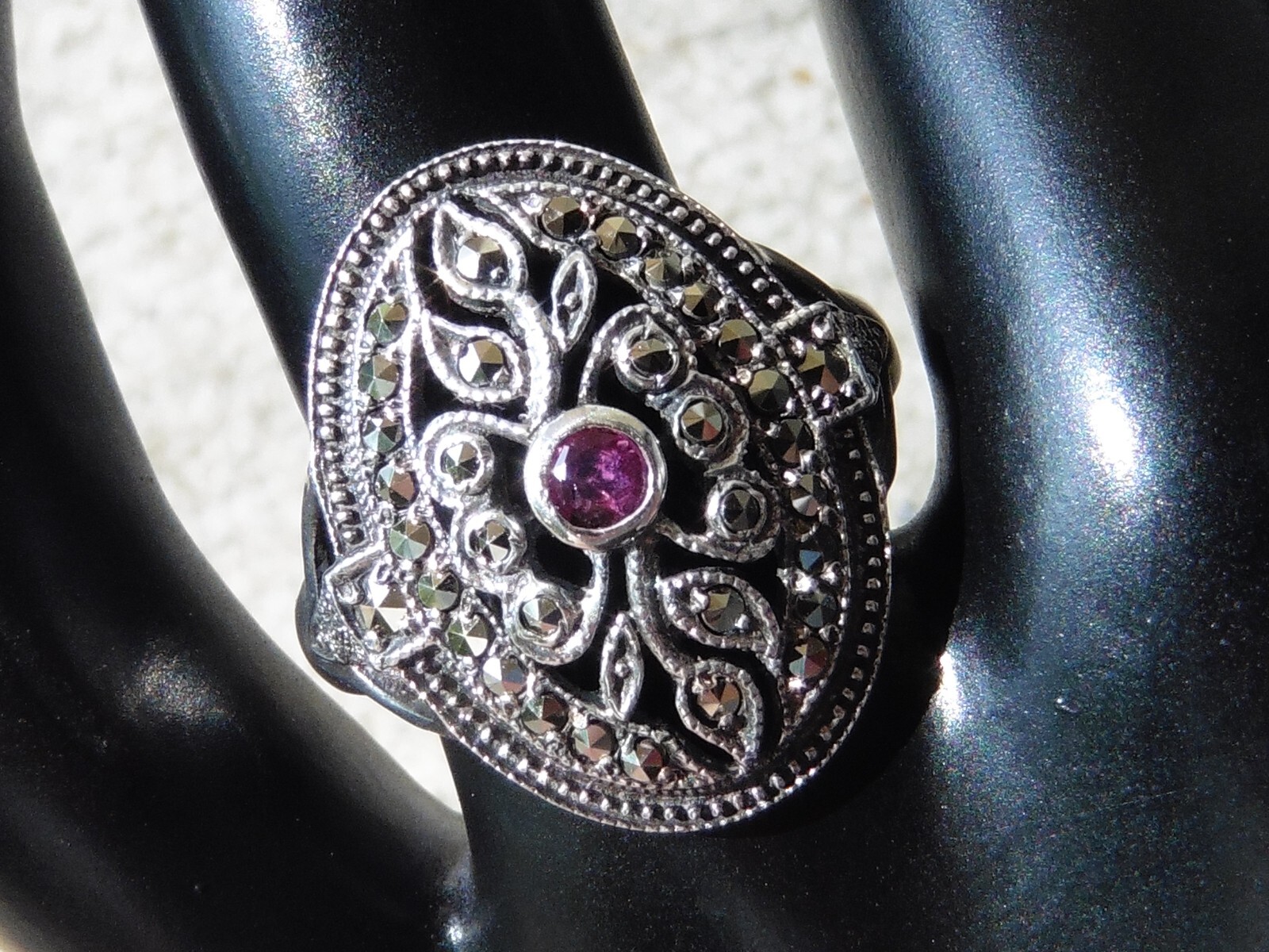 Sterling Silver 925 Marcasite Ruby Ring - image 1