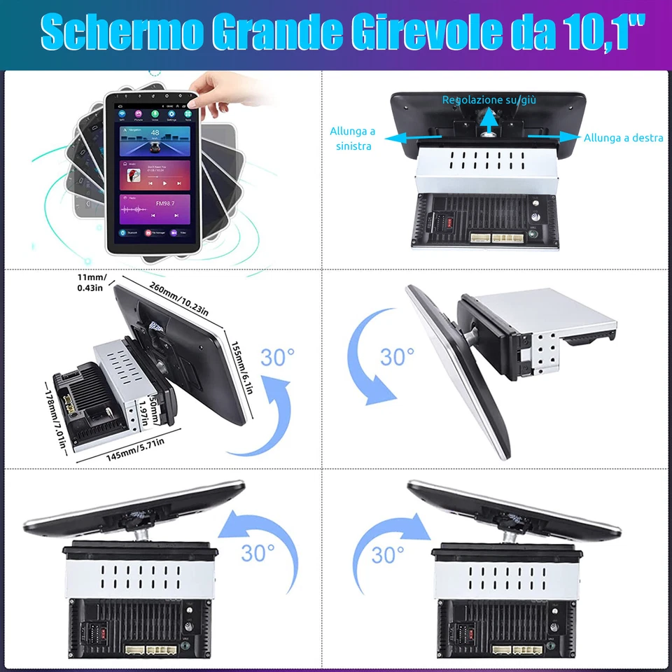 Autoradio 10" 1 DIN Android 14 4+64G Carplay GPS RDS BT Ruotabile Schermo Camera - Immagine 4 di 4