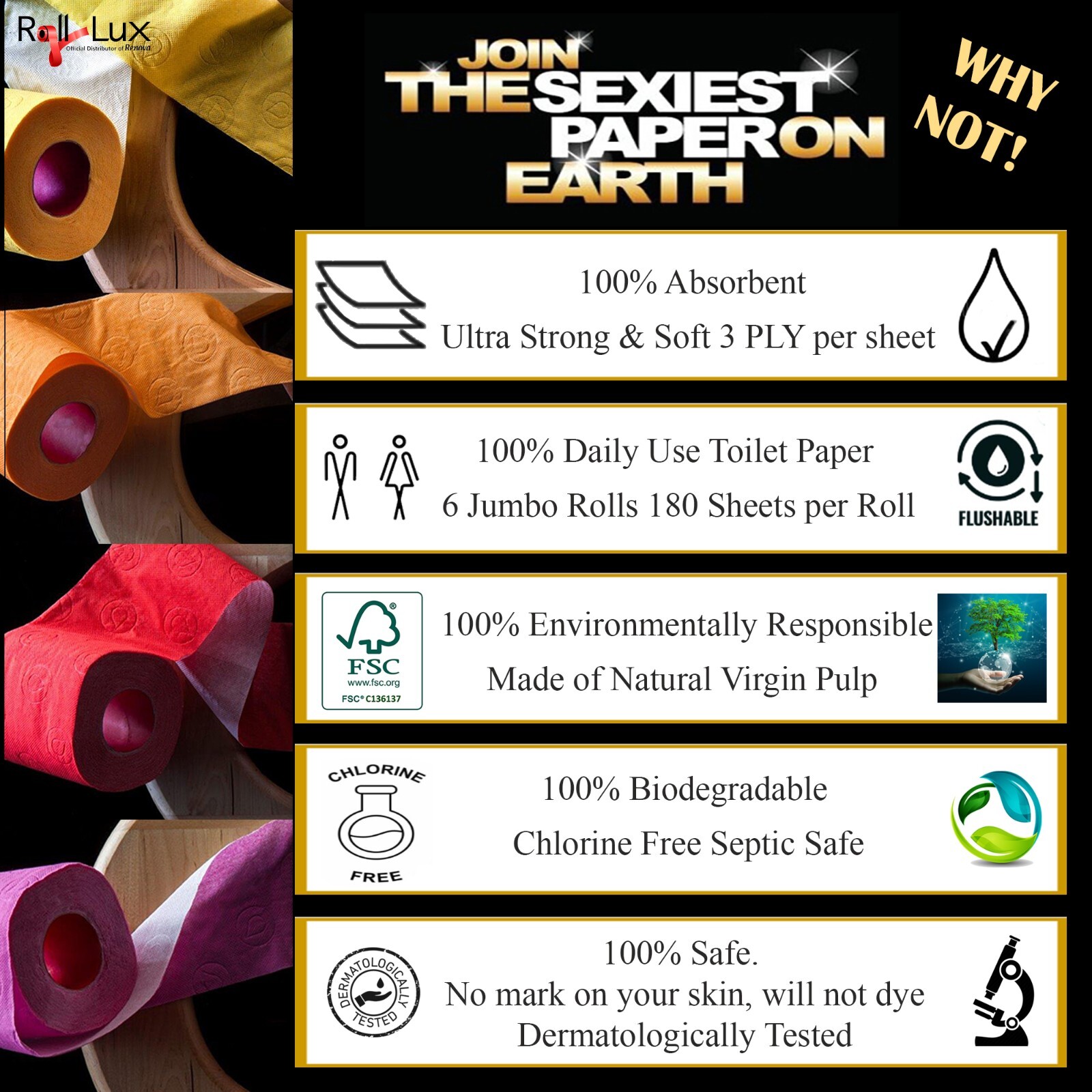 Renova Colored Toilet Paper - 6 Jumbo Rolls/Pack, 3-Ply, 180 Quality Sheets