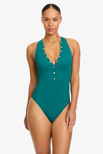 NEW  182 ROBIN PICCONE AMY RIB ONE PIECE SWIMSUIT CERULEAN SZ 10