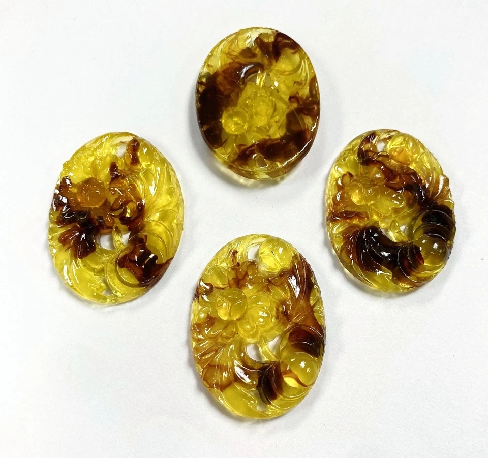 6 Vintage Hong Kong Tortoise Yellow Amber Resin Floral 40x30mm. Oval Cameos 112 - Image 4 of 4