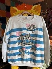Vintage 80s Cat Sweatshirt Variety Made In USA RARE White Blue Cute Large