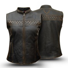 Women?s Motorcycle Leather Vest Genuine Leather Biker Waistcoat Motorbike Black