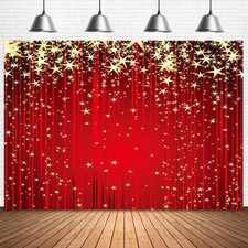 Red Curtain Gold Star Backdrop Red Carpet Sparkle Glitter Stars Christmas Hol...