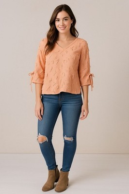 Tru Luxe Jeans Womens Top Small Peach Fringe Textured V Neck 3/4 Sleeve Boho