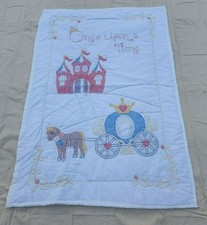 Handmade Baby Quilt, Embroidered Castle Carriage Once Upon a Time, 39"x59"