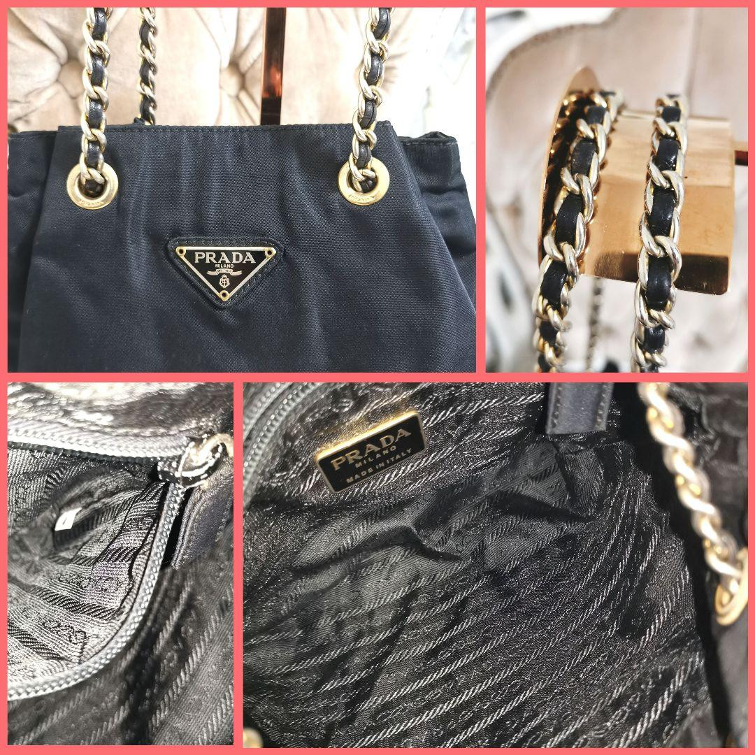 PRADA Triangular Logo Double Chain Shoulder Bag Tote Bag Quilted Nylon Black F/S thumbnail 4