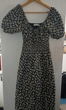 Tory Burch Smocked Midi Dress in Black Little Leaves Size Medium Gently Used
