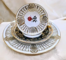 Vintage Tea Trio Bavaria & Royal Stafford Red Rose GoldGreen Cup, Saucer, Plate