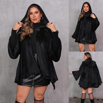 Übergröße Damen Gothic Kapuze Fleece Jacke Winter Umhang Cape Lose Freizeitjacke