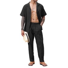 2 Piece Set for Men Beach Outfits Cuban Collar Button Down Shirt Darwstring P...