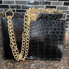 Vtg 50,s/60  s Genuine Alligator Black Structured Framed Gold Chain Handbag