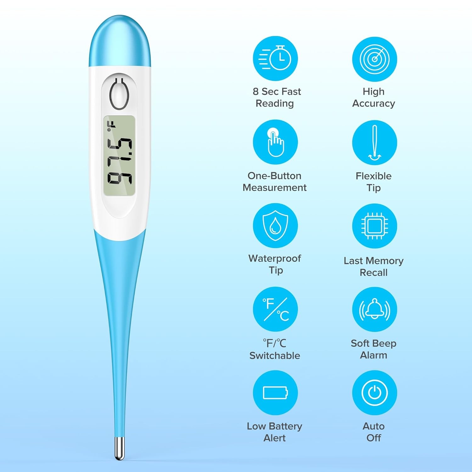 Thermometer for Adults and Kids with 8 Seconds Fast Accurate Light Blue 